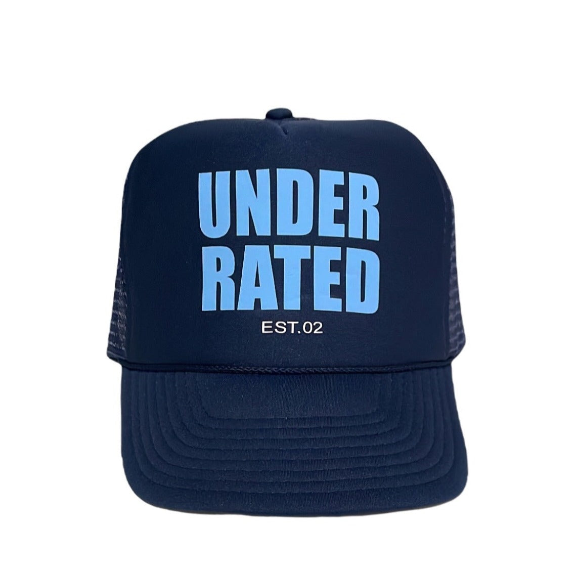 NAVY BLUE TRUCKER HAT WITH SKY BLUE FONT