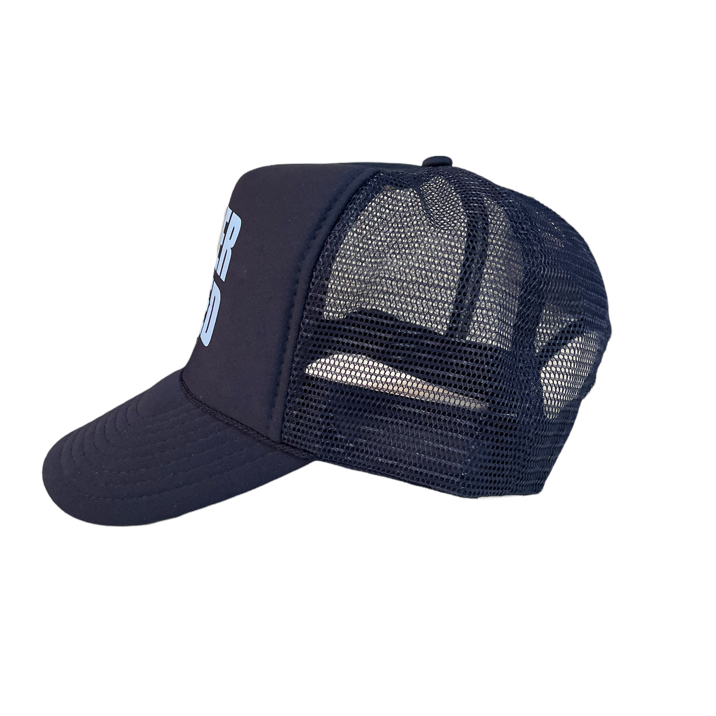 NAVY BLUE TRUCKER HAT WITH SKY BLUE FONT