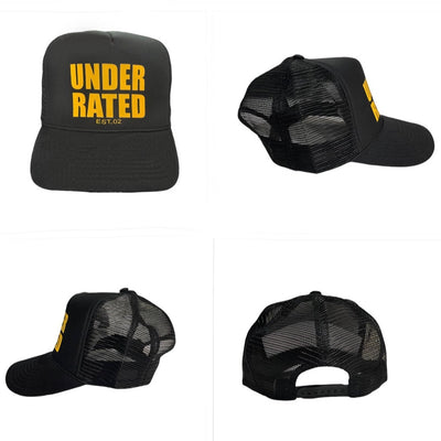 BLACK UNDERRATED TRUCKER HAT WITH YELLOW FONT