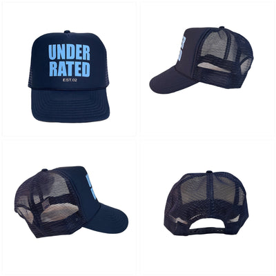 NAVY BLUE TRUCKER HAT WITH SKY BLUE FONT